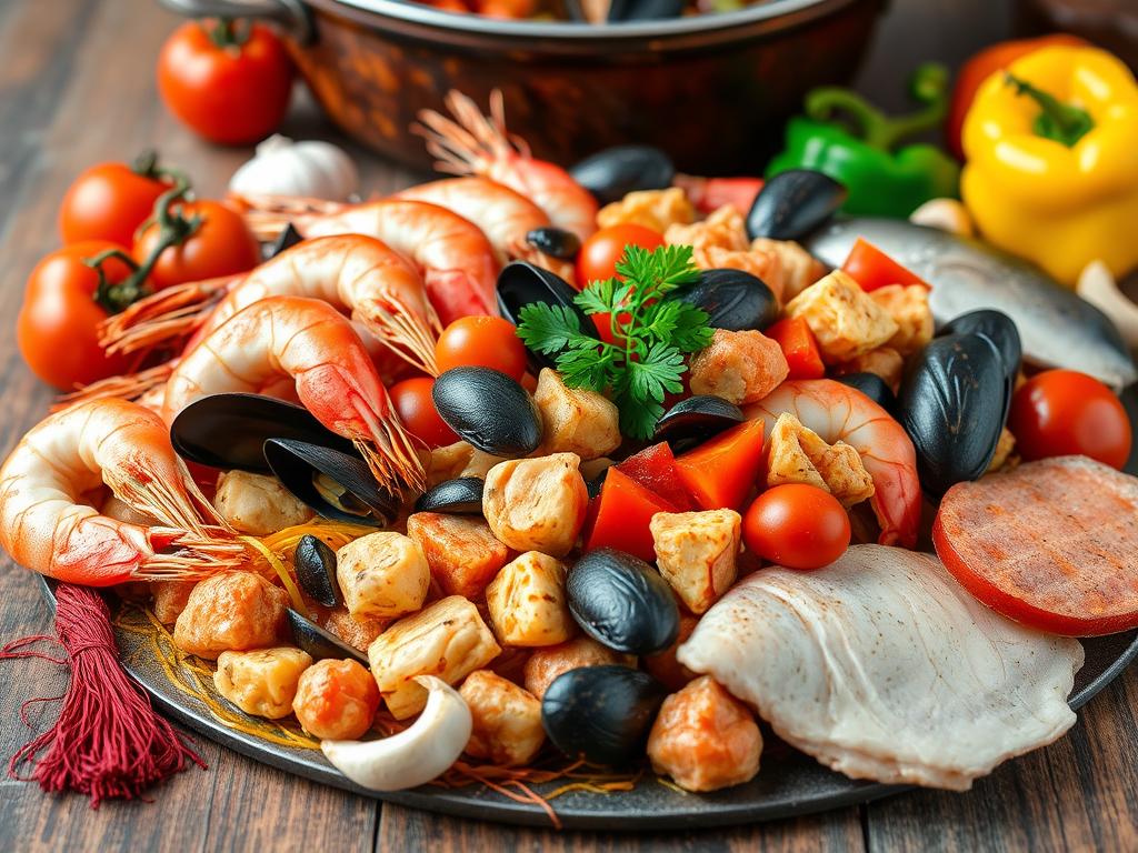 Ingredientes da Paella de Frutos do Mar com Açafrão