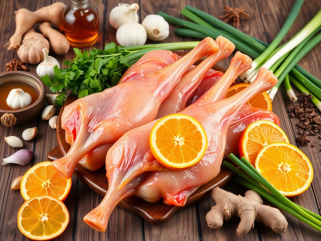 Ingredientes para pato ao molho de laranja e gengibre