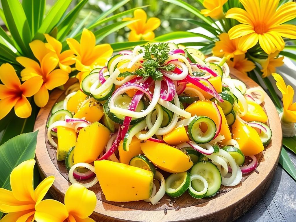 Salada tropical de manga com pepino e gergelim