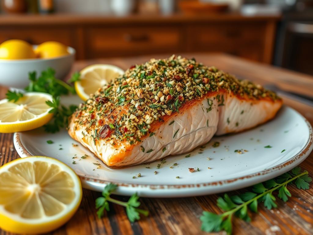 Salmão Assado com Crosta de Ervas e Alho