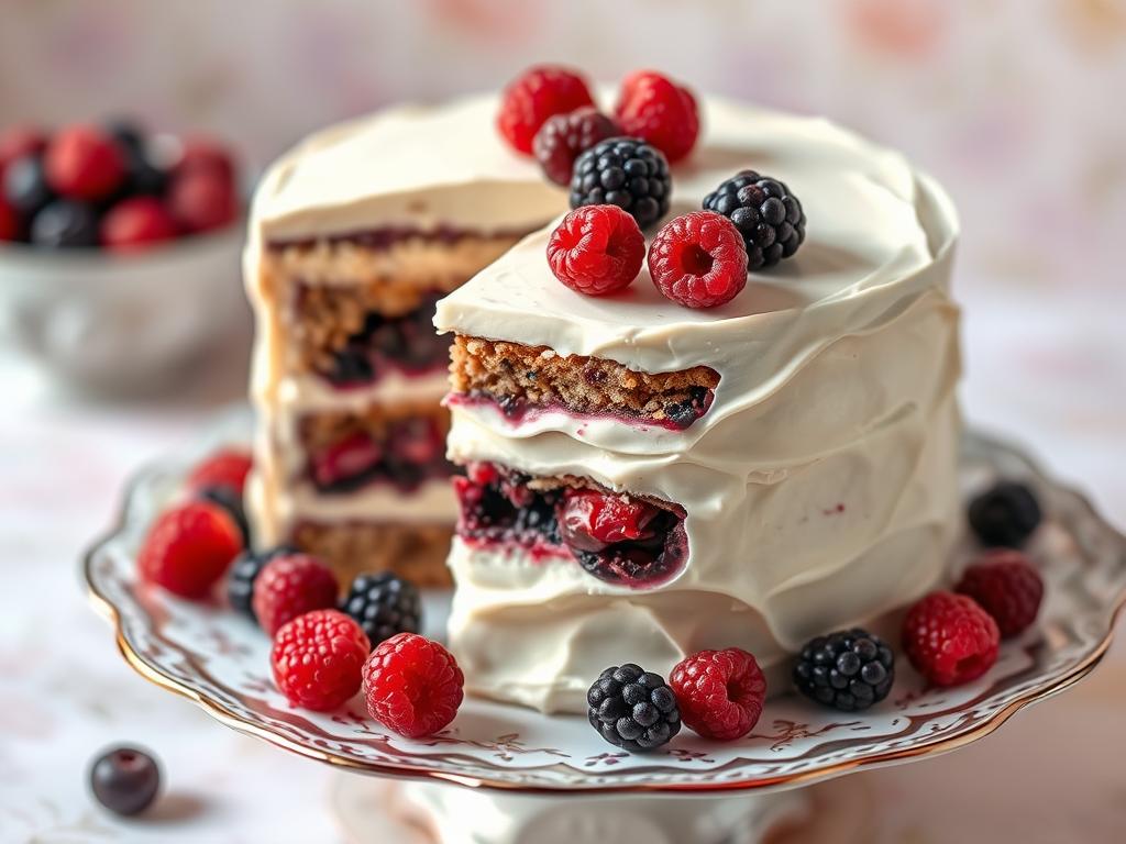 bolo trufado de chocolate branco e frutas vermelhas